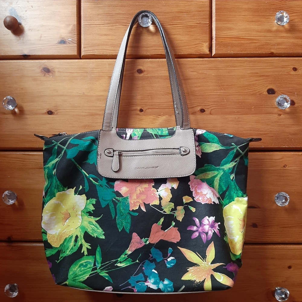 David Jones Paris floral canvas large tote shoulder bag